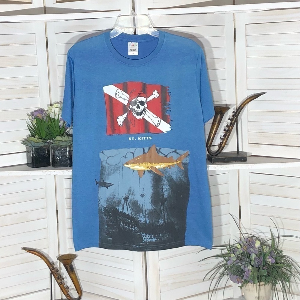 SGS Pirate Skull Shark Blue Cotton T-Shirt Size Medium